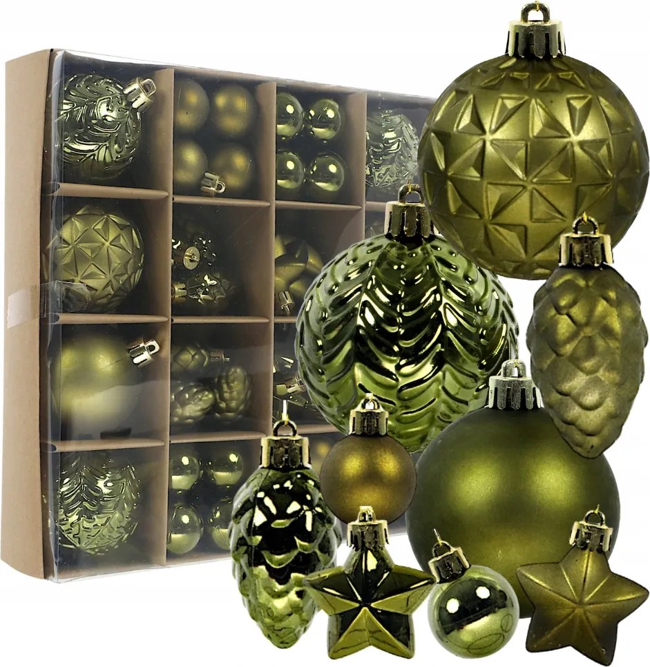 Olívazöld karácsonyfadísz szett, műanyag, 60 darabos