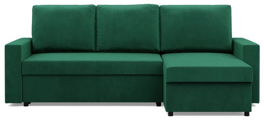 Zeus sarokkanapé, 2 ágyneműtartóval, egyenes kartámasz, bársony, univerzális oldal, hab töltet, zöld