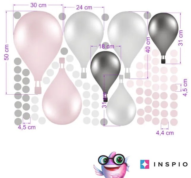 INSPIO Falmatrica gyerekszobába - Rózsaszín, szürke hőlégballonok