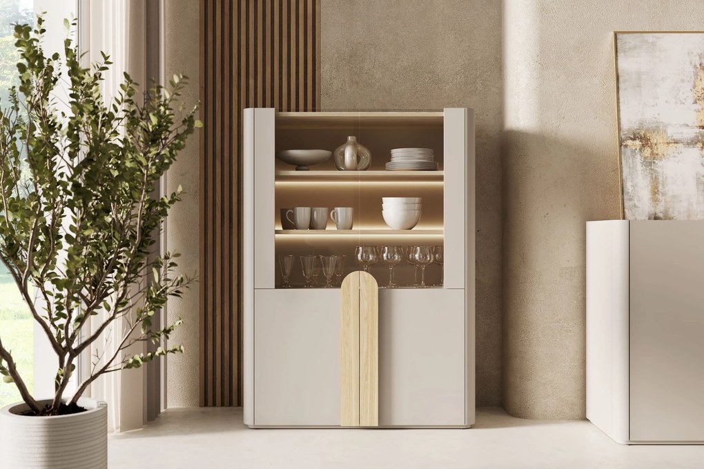 Amilio vitrin 100 cm - kasmír / olajozott tölgy / világos tölgy fogantyú