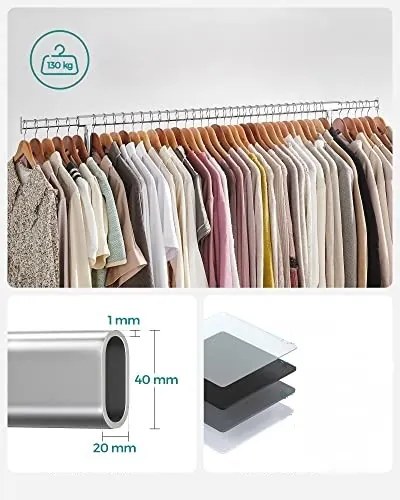 IRENE ruhatartó állvány kerekekkel, max. 130kg, 150x45x160cm, ezüst SongmicsHome