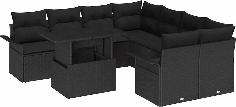 vidaXL Kerti Kanapé Szett párnával tárolóval 9 pcs Fekete Poly Rattan