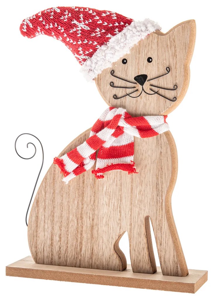 Fa macska kötött sállal és sapkával, 29 cm