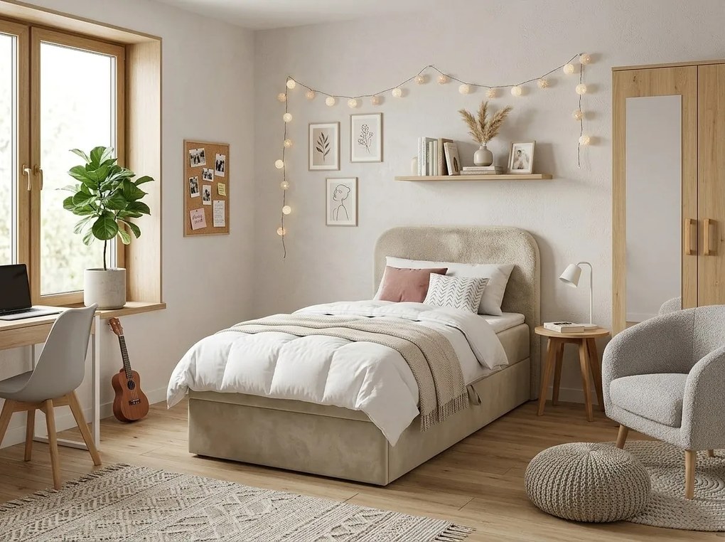 Kárpitozott boxspring ágy FORENA 90x200 cm krém színben Matrac: Bonell rugós matrac