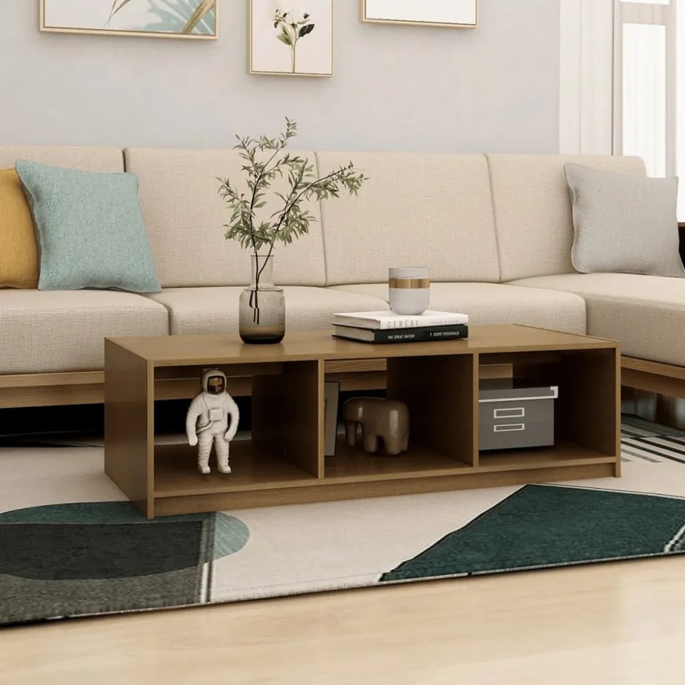 mézbarna tömör fenyőfa dohányzóasztal 110 x 50 x 34 cm