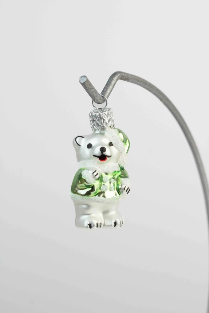 Karácsonyfadísz üvegből Maci a kabátban