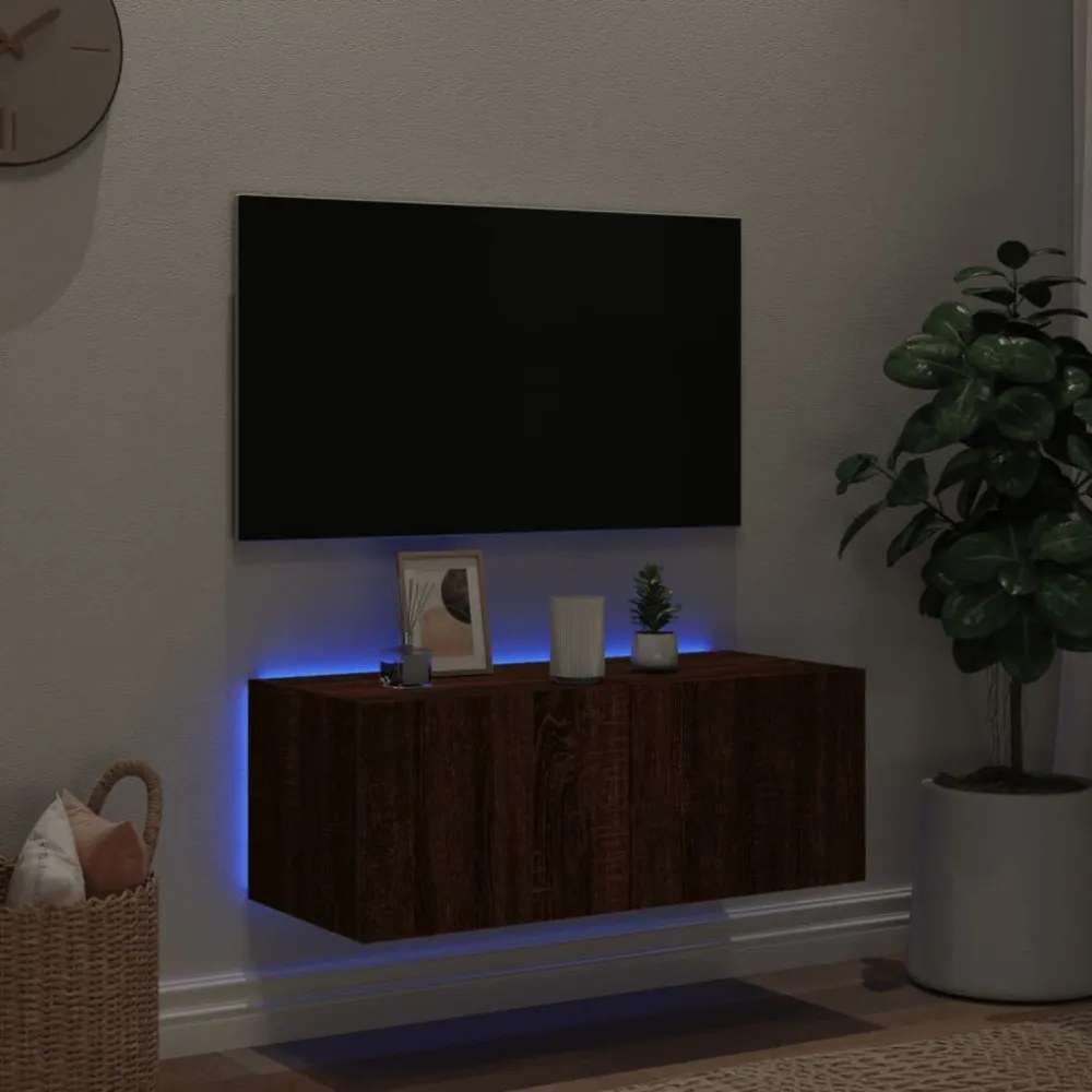 barna tölgyszínű fali TV-szekrény LED-del 80x35x31 cm
