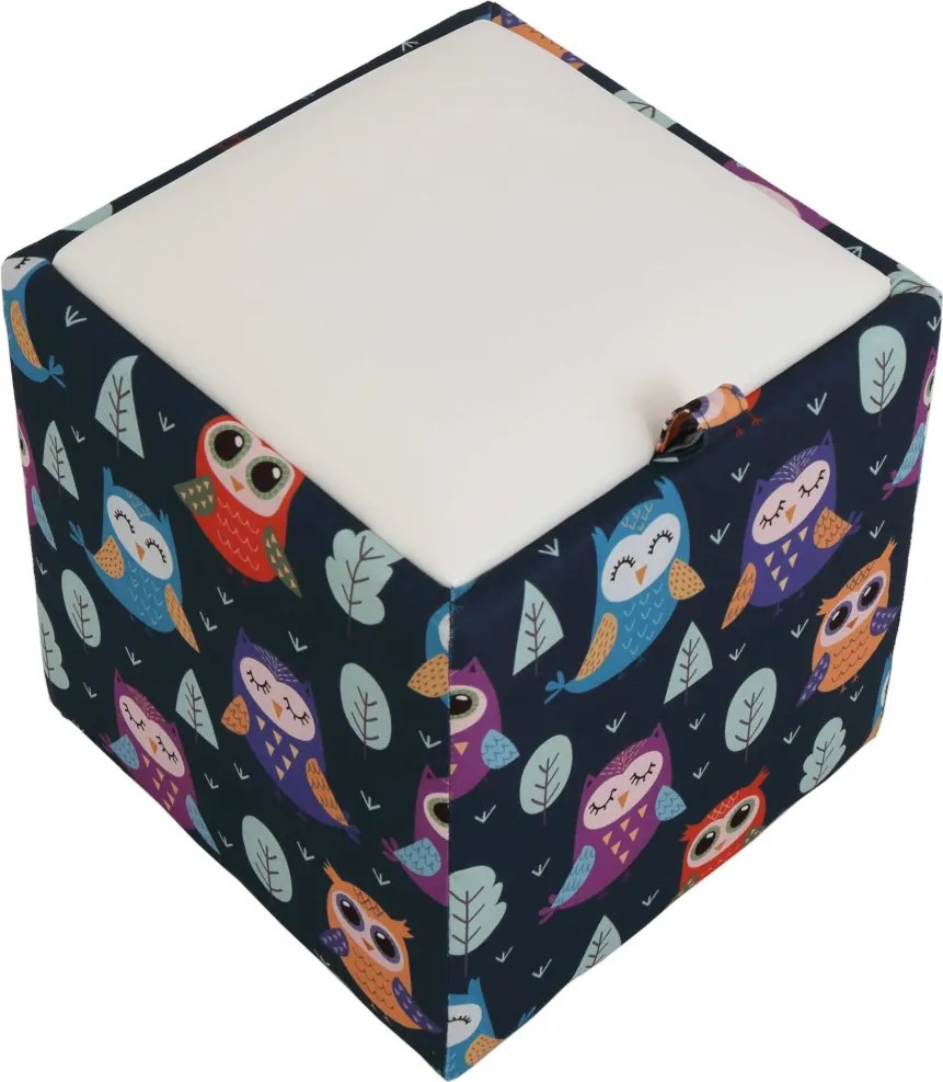 Box puff - bagoly mintás szövet / fehér műbőr R