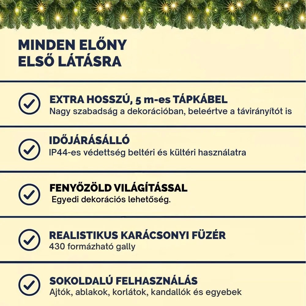 ANDREA karácsonyi girland világítással és távirányítóval, 5 m, zöld Casaria