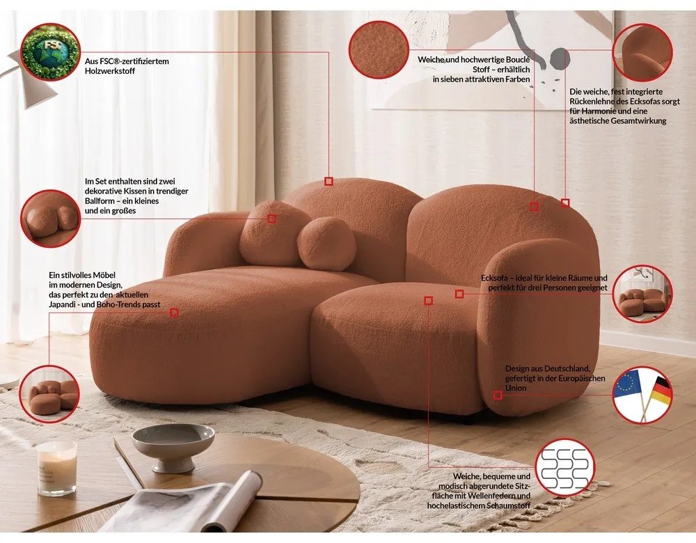 Terrakotta színű buklé sarokkanapé (bal oldali-heverő résszel) Orbit – Ropez