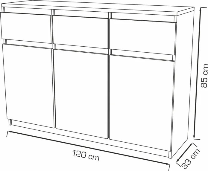 Washington 3S3F Komód Fehér 120 cm