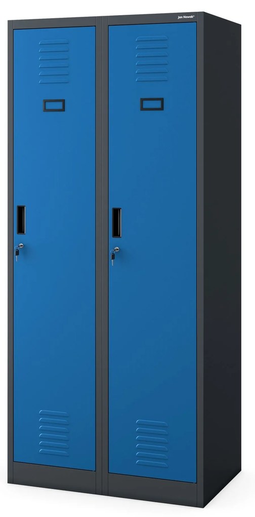 Pléh öltözőszekrény talpazaton, kétmodulos, polccal és köztes fallal KACPER, 800 x 1800 x 500 mm, antracit-kék