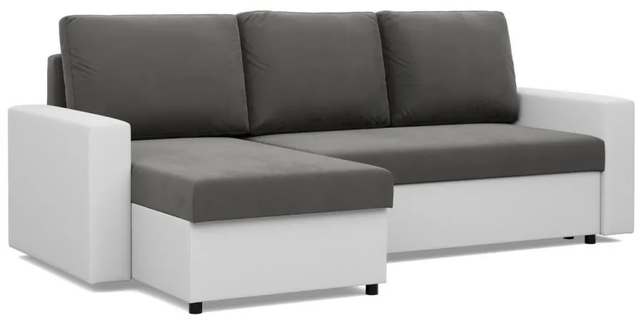Panama sarokkanapé, 2 ágyneműtartóval, bársony + műbőr, univerzális oldal, szürke - fehér