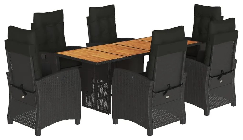 7 részes fekete polyrattan kerti étkezőgarnitúra párnával