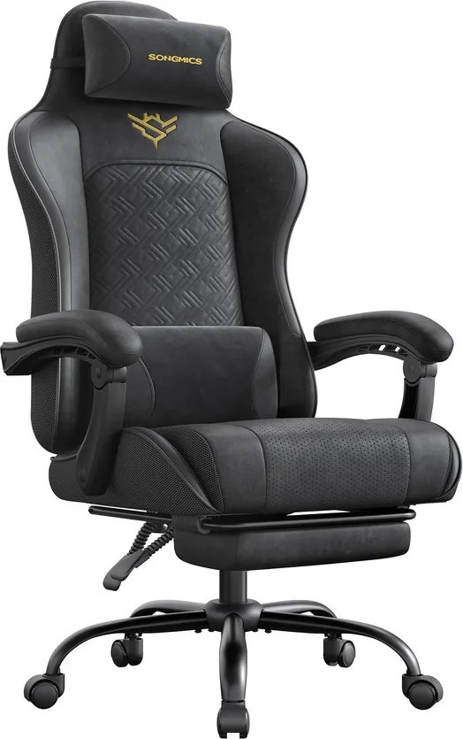 Ergonomikus játékos szék lábtartóval, karfákkal, tintafekete