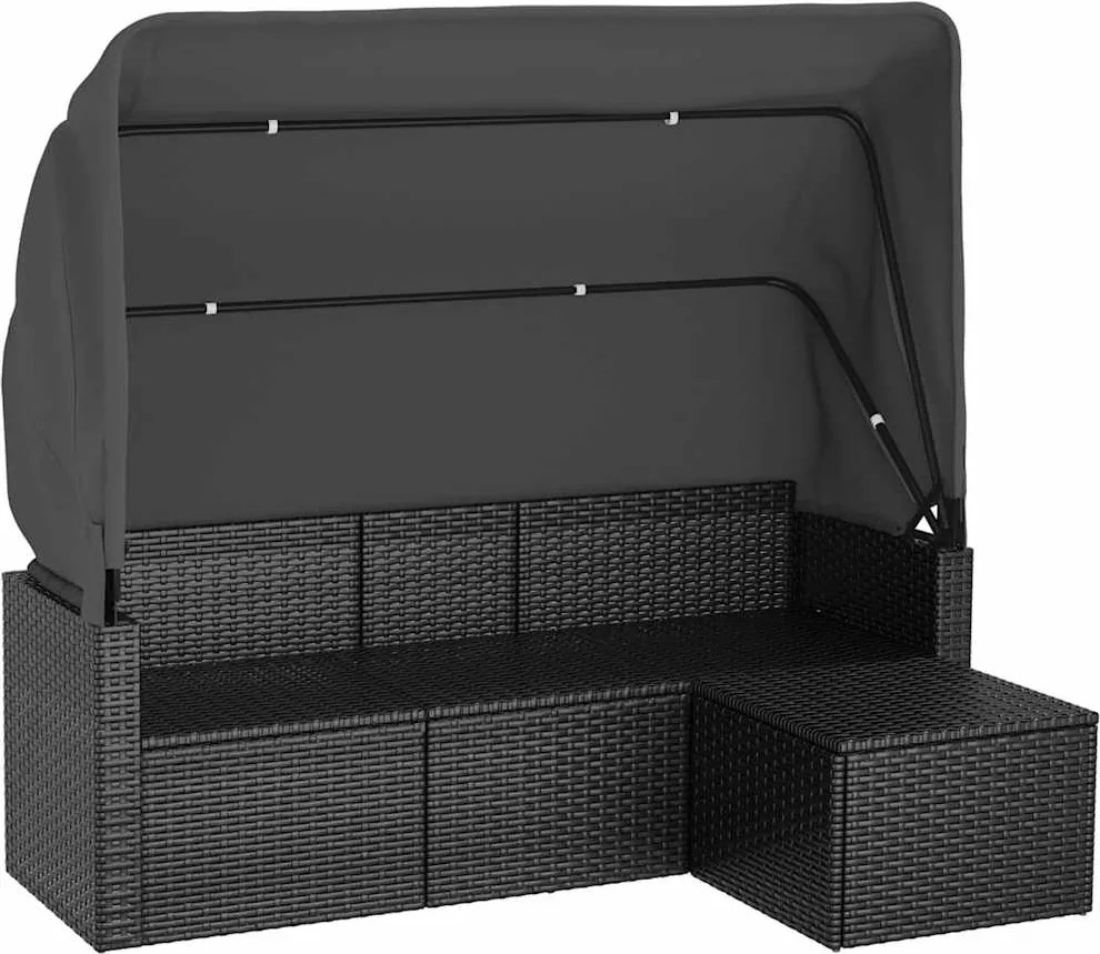 vidaXL 3-személyes fekete polyrattan kanapé tetővel és lábtartóval