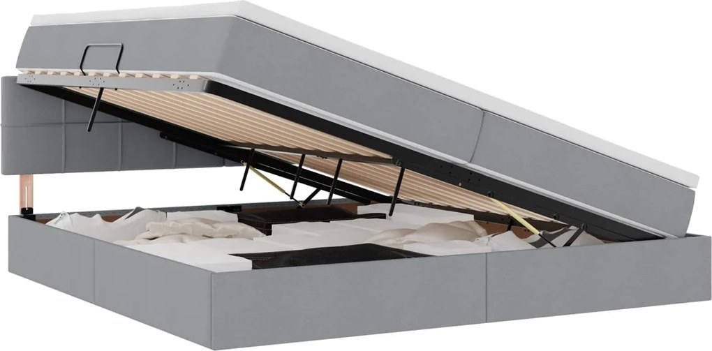 vidaXL Ágy tárolóval és matraccal Világosszürke 200 x 200 cm Faanyag