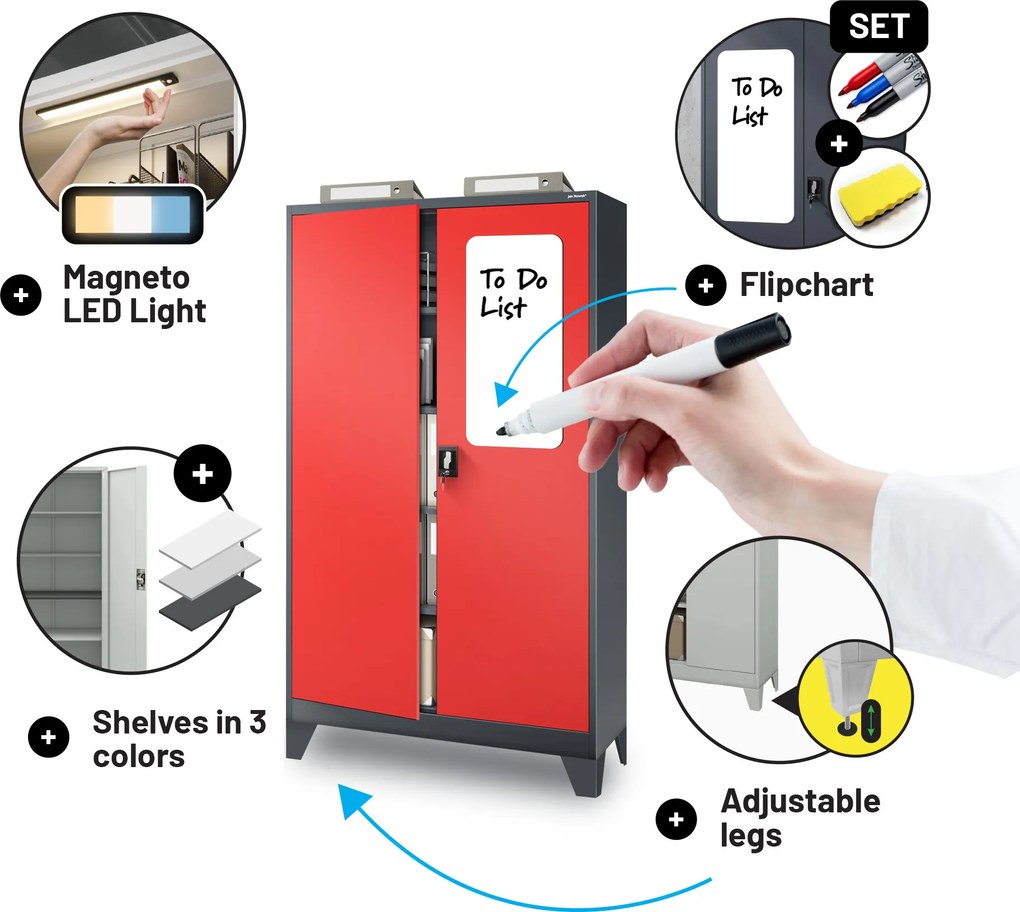 Fém iratszekrény JAN II, 1150 x 1850 x 400 mm, antracit-piros
