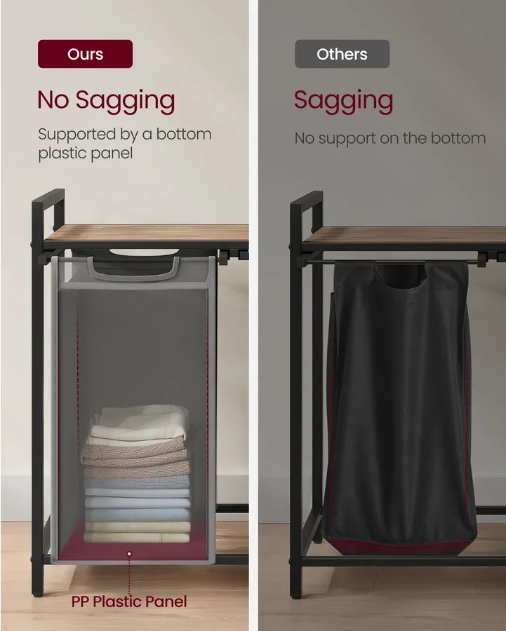 Szennyeskosár, 2 rekeszes szennyestartó, 2 × 46 l, 73 × 33 × 72 cm, tevebarna és szürke