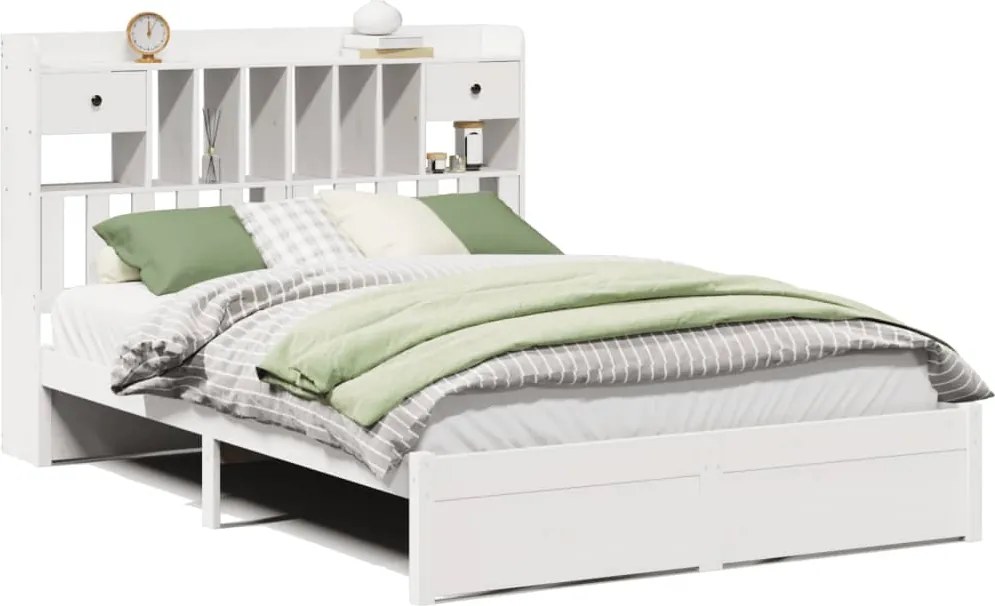 vidaXL fehér tömör fenyőfa könyvespolcos ágy matrac nélkül 150x200 cm