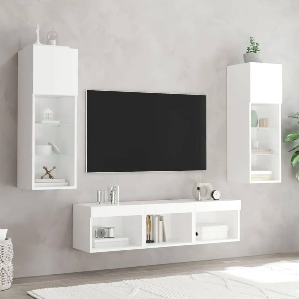 5 darab fehér szerelt fa fali TV-bútor LED-del