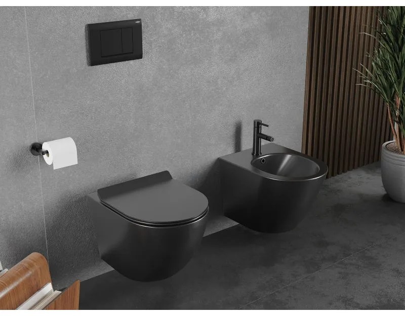 Mexen Lena, falra akasztható wc csésze 490x360x340 mm, Perem nélküli Tornado + duroplast wc ülőke, matt fekete, 30220185T