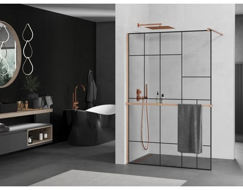 Mexen Kioto+, Walk-In zuhanyparaván polccal és akasztóval 70 x 200 cm, 8 mm átlátszó üveg fekete mintás, réz matt profil, 800-070-121-65-78