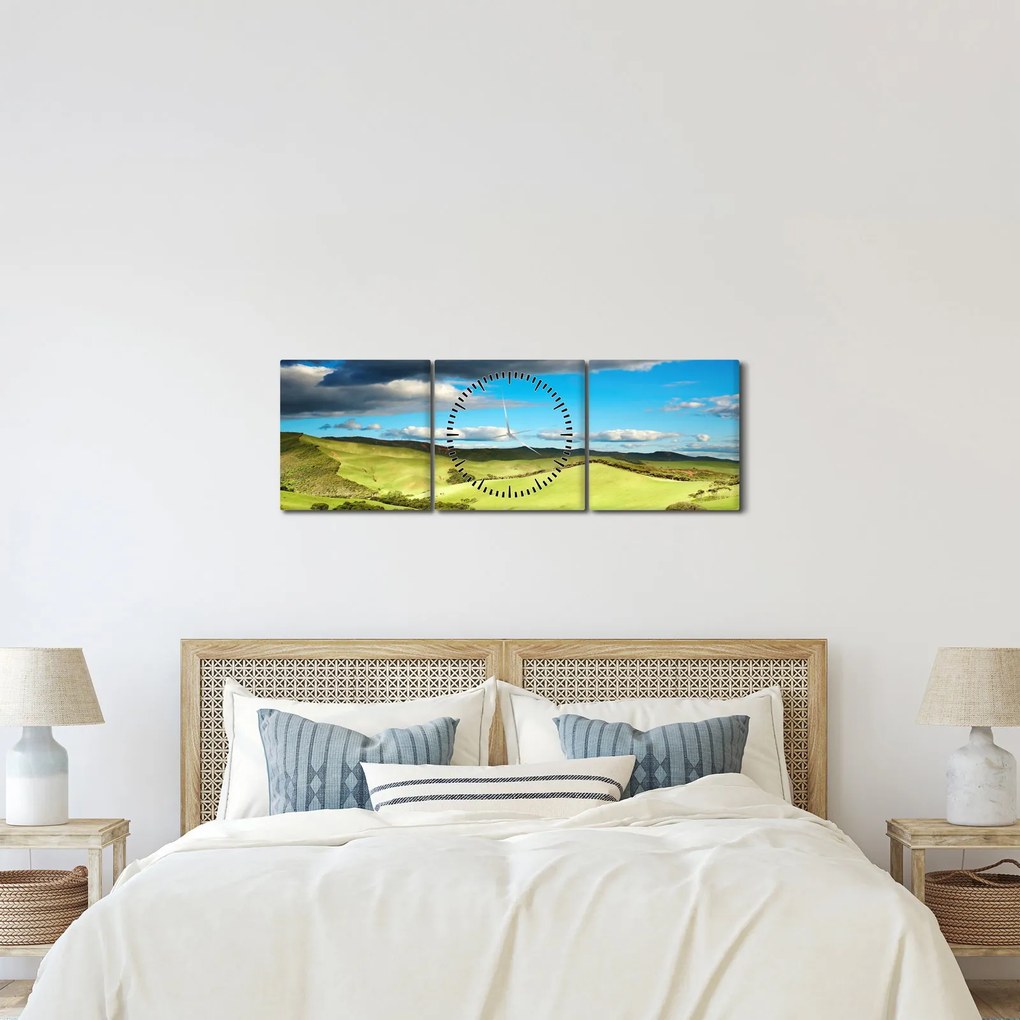 Kép - Zöld táj dombokkal (órával) (90x30 cm)