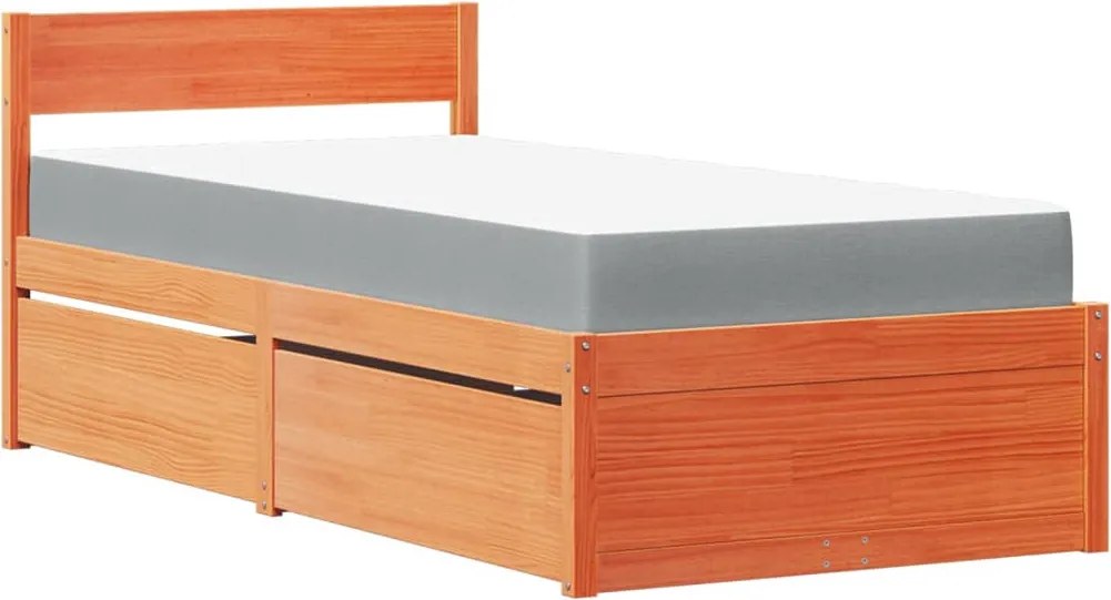 vidaXL viaszbarna tömör fenyőfa ágy fiókokkal és matraccal 100x200 cm