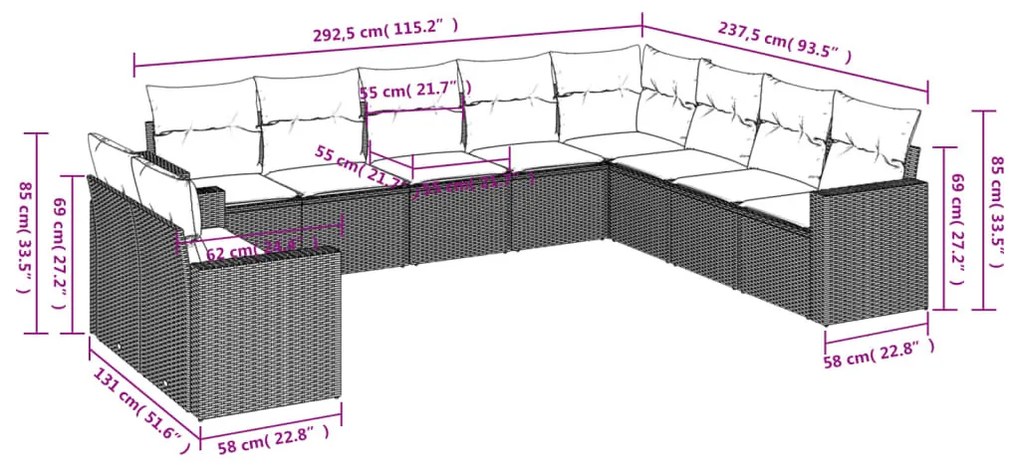 10 részes barna polyrattan kerti ülőgarnitúra párnákkal