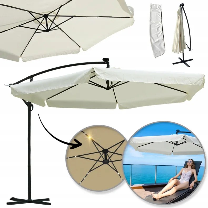 Kerti napernyő Solar Led világítással, gémmel és fodrokkal, krémszínű 3,