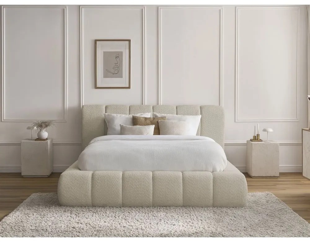 Bézs kárpitozott ágyneműtartós franciaágy ágyráccsal 180x200 cm Denali – Bobochic Paris