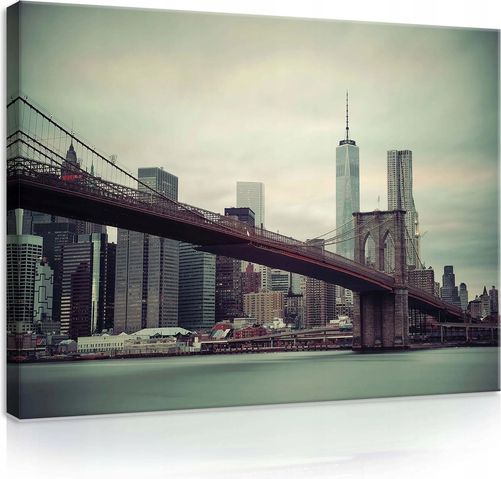 Vászonkép 100x75 Brooklyn híd Manhattan városkép híd víz felhők
