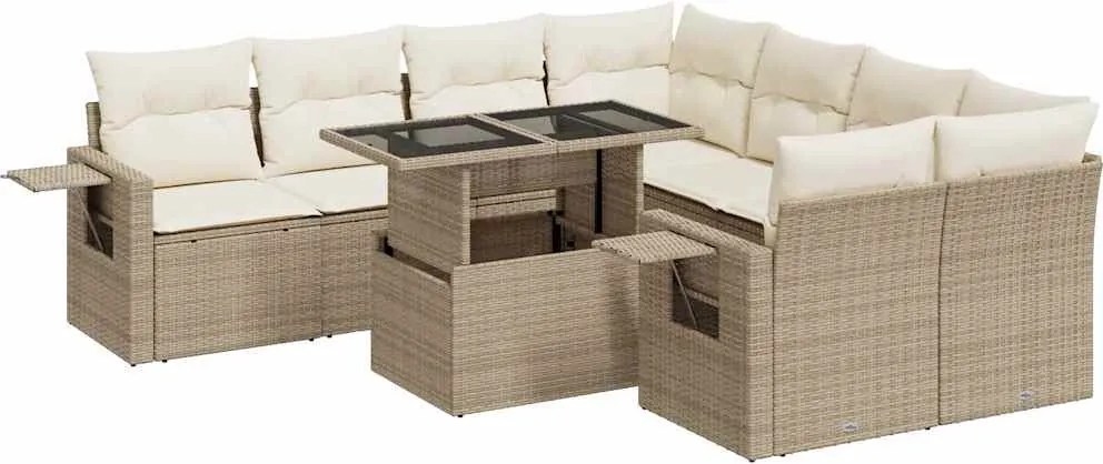 vidaXL 9 részes bézs polyrattan kerti ülőgarnitúra párnákkal