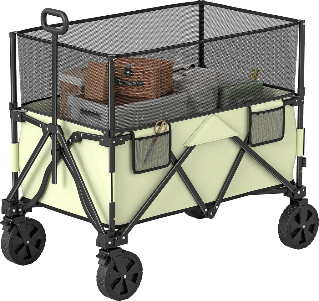 Outsunny 180 L Kerti Kocsi Összecsukható Kocsi Állítható Fogantyú Hosszúsággal és Szöggel, Kihúzható Oldalfalakkal, 120 kg Terhelhetőség Patióra és Te