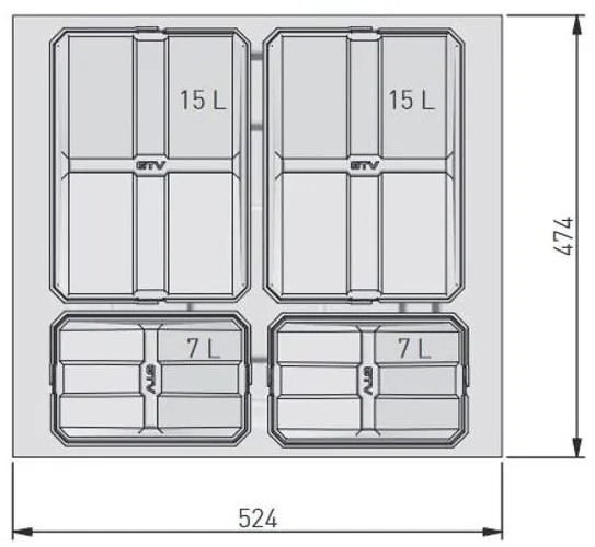 Hulladékgyűjtő AxiSpace 600mm, mozgatórendszer nélkül, 2x15L, 2x7L edényekkel, tálcával, fedelekkel