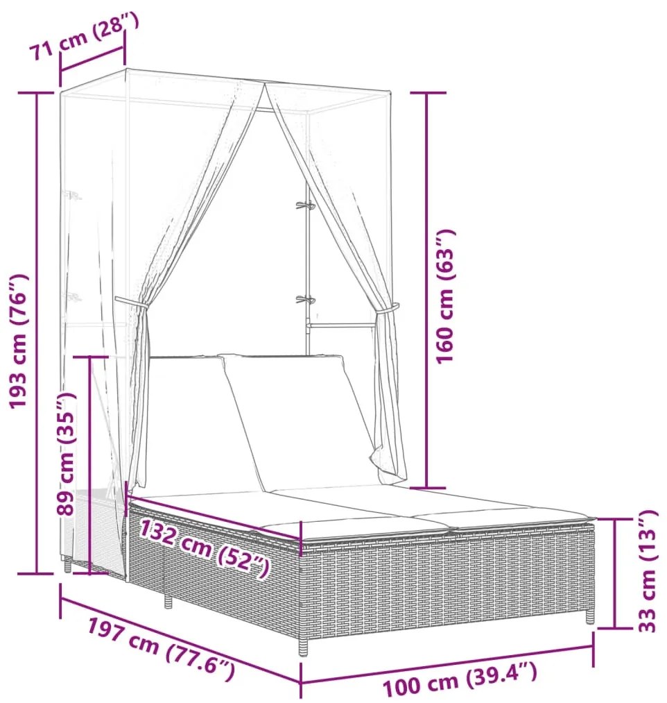 barna polyrattan dupla napozóágy tetővel és függönyökkel