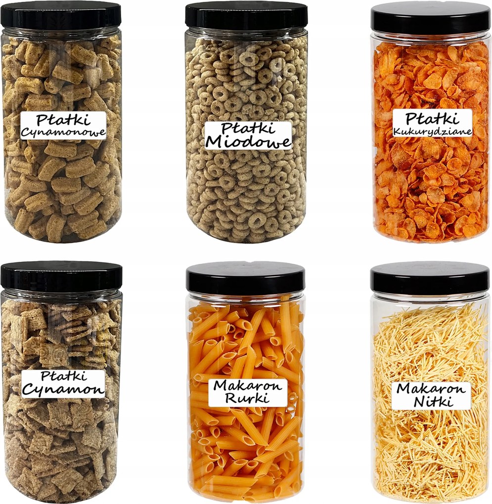 Műanyag Ételtároló Doboz Tészta Befőttes Üveg 1500ML 6 Db Címkék