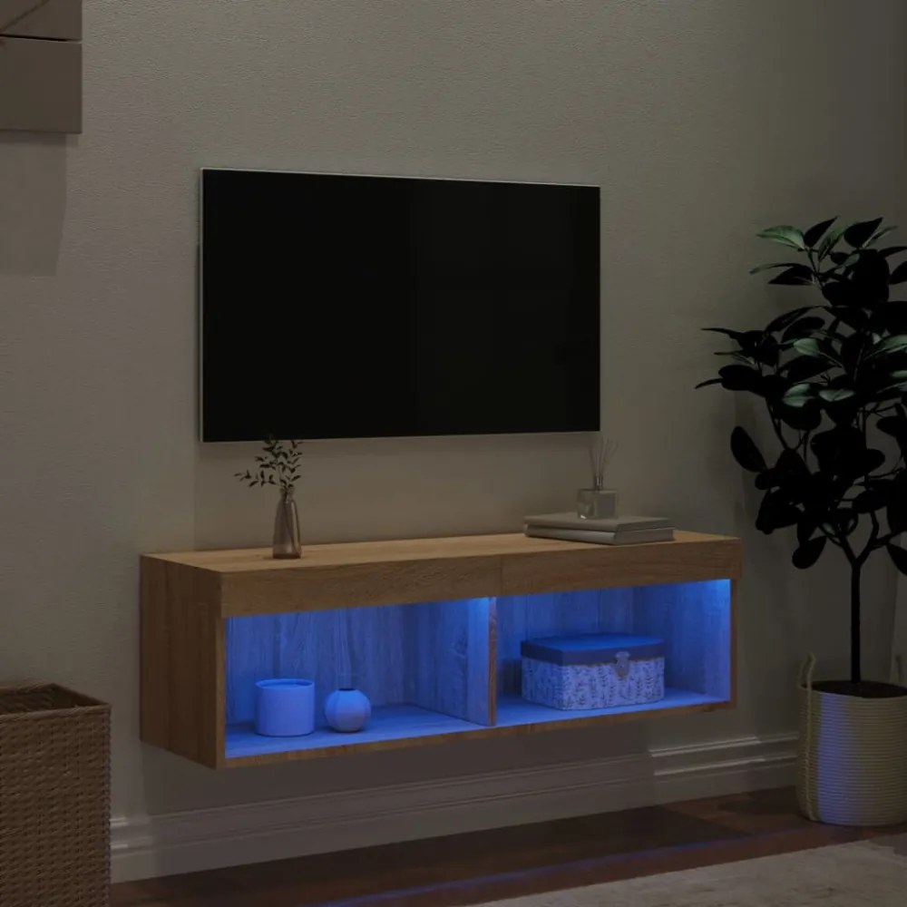 sonoma tölgy színű TV-szekrény LED-világítással 100x30x30 cm