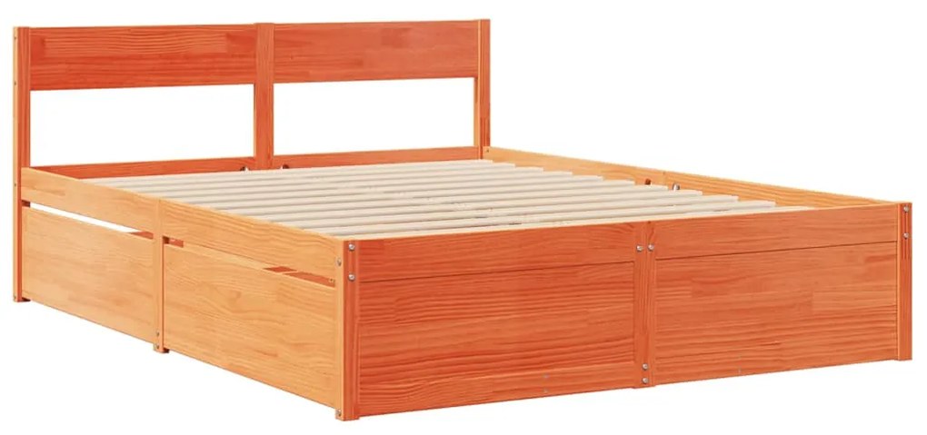 viaszbarna tömör fenyőfa ágy fiókokkal és matraccal 160x200 cm