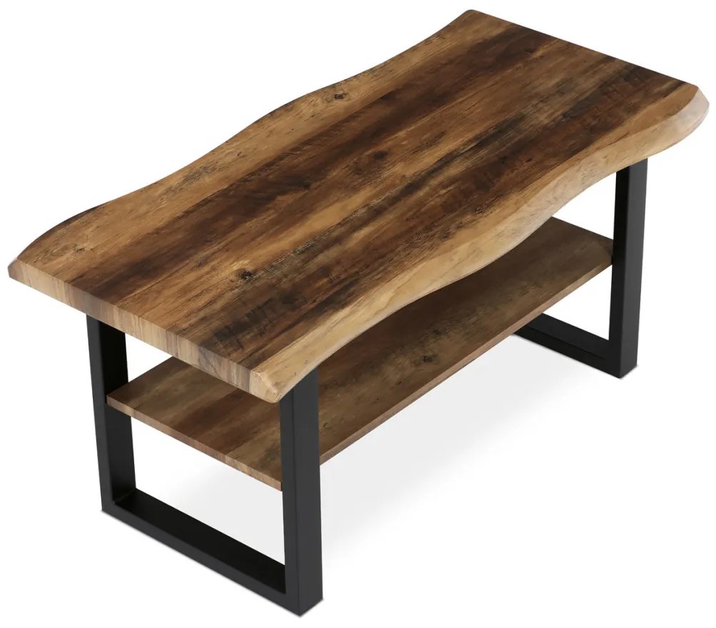 Măsuță de cafea 120x60x55 cm, placă MDF, decor lemn învechit, metal, poliță, picioare negre