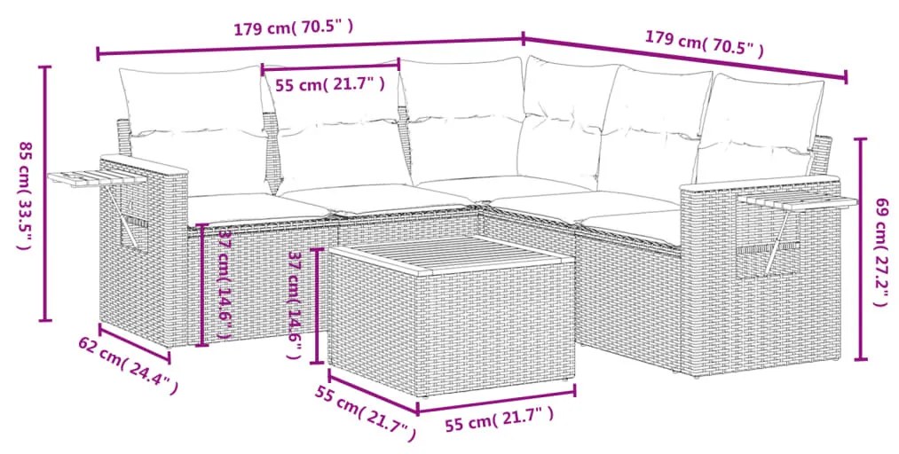 6 részes fekete polyrattan kerti ülőgarnitúra párnákkal