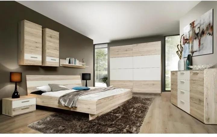 Hálószoba, szekrény+ágy+2db éjjeliszekrény, homok tölgyfa/fehér, VALERIA