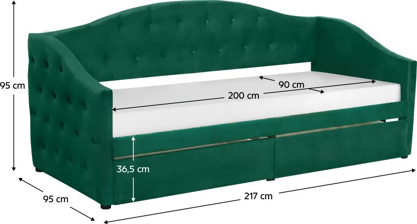Ágy tárhellyel, 90x200, zöld Velvet szövet, ZASKA
