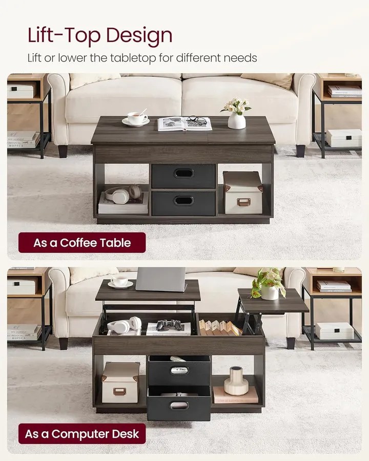 Dohányzóasztal, felemelhető asztallapos dohányzóasztal 2 fiókkal és rejtett rekesszel, hamvasbarna