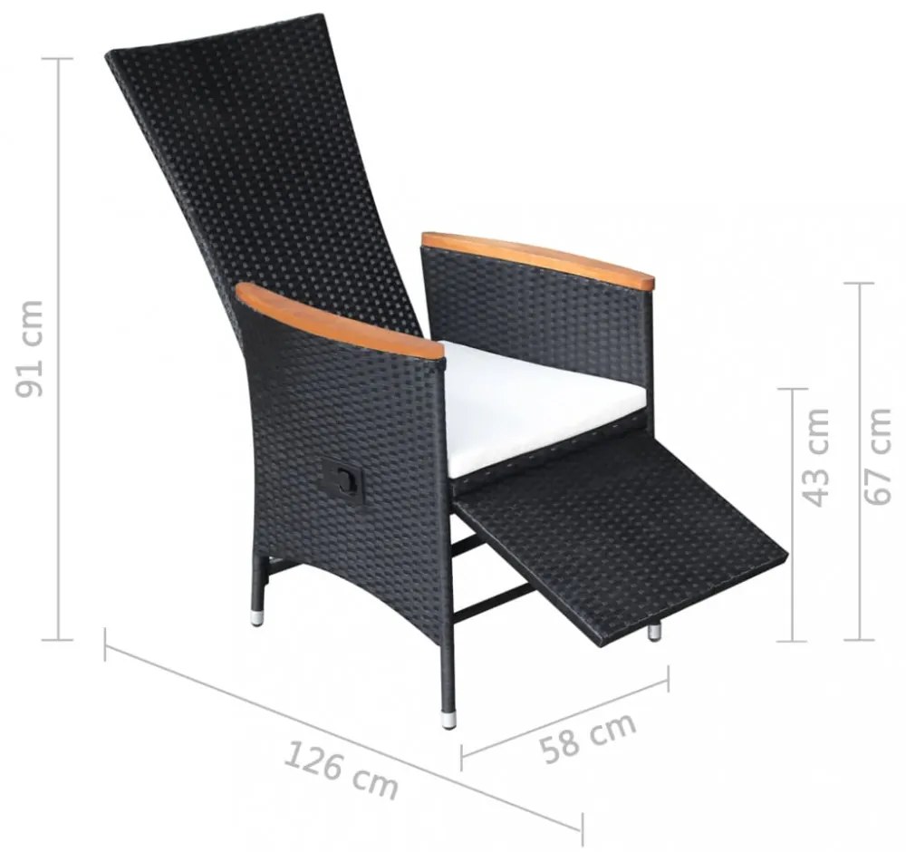 2 db fekete dönthető háttámlás polyrattan kerti szék párnával