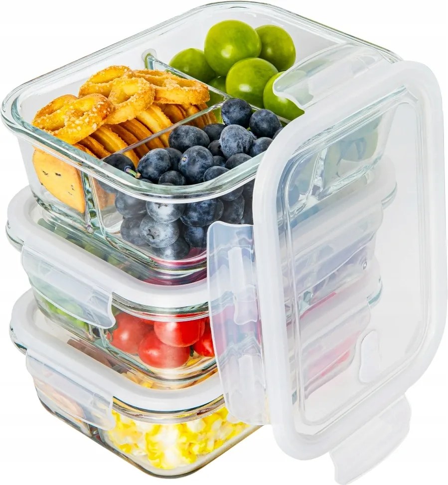 3 X Uzsonnás Doboz Üveg Ételtároló Szett Háromrekeszes Légmentesen Záródó