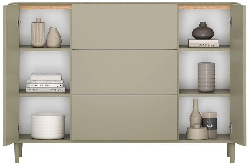 Elivo komód 150 cm fiókokkal, fém lábakon - eukaliptusz / baltic dune tölgy