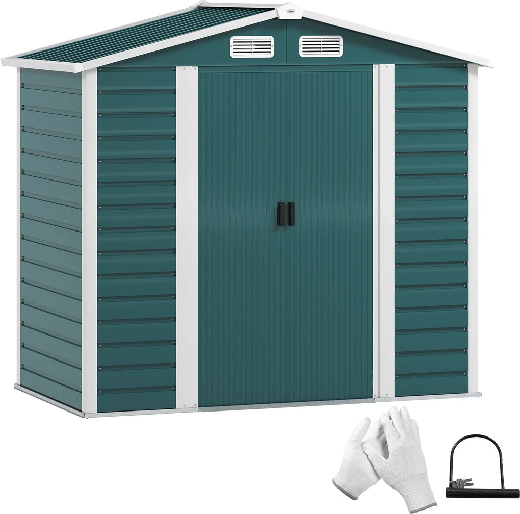 Outsunny Kerti Tároló 2.36 m² 213x120x194 cm Külső Tároló Sátor Megerősített Alapból (Padló NEM Tartozék) Kétoldali Csúszó Ajtók, Lakattal, Ablakokkal
