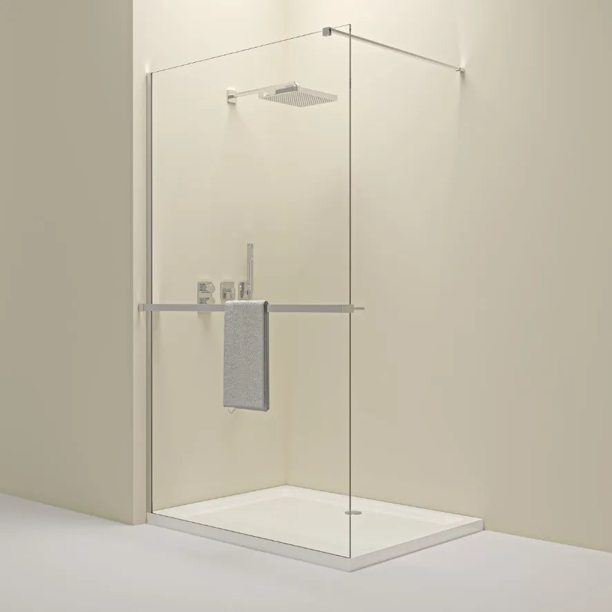 Erga Paris, Walk-In zuhany paraván 140x200 cm polccal és törülközőtartóval, 8 mm átlátszó üveg, króm profil, ERG-V02-PARIS-140x200-CL-CR-BAR